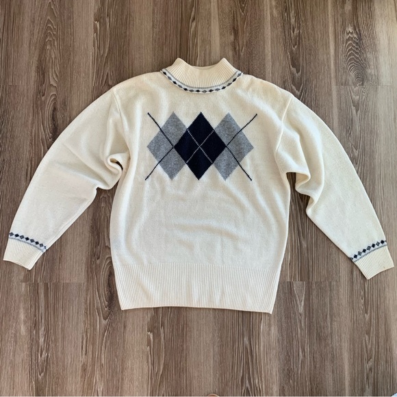 Vintage Liz Claiborne Argyle Cream Lambs Wool Sweater Size Large - Picture 4 of 12